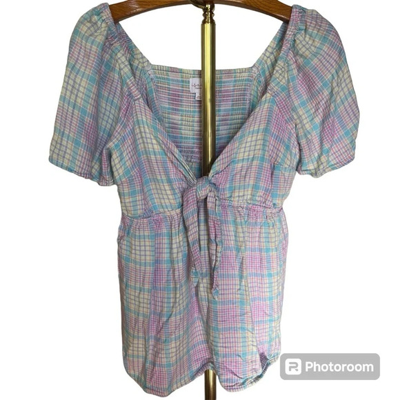 ISABEL ~ Maternity Colorful Plaid Top with Center Tie - Picture 1 of 9